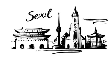 Seoul landmarks, hand drawn - South Korea. Sketch