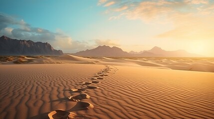 footsteps in the sand of the desert to horizon with sunset