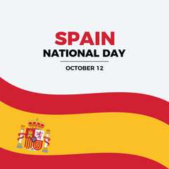 Spain National Day poster vector illustration. Waving Flag of Spain frame on a gray background. Spanish flag graphic design element. October 12. Important day