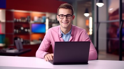 Young businessman as salesman in a store using laptop