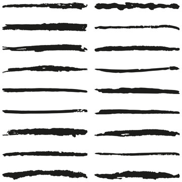 Collection of rough hand-drawn vector line brushes. Seamless repeating striped monochrome pattern isolated on transparent background. Grunge texture