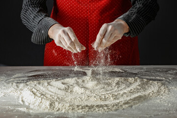 Woman hands with flour and kitchen interior. 