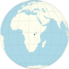 Burundi is positioned at the center of the world map in an orthographic projection. A landlocked country in East Africa.