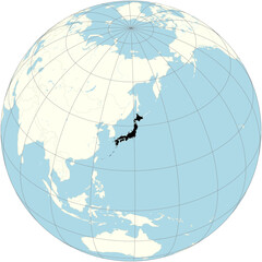 Japan is positioned at the center of the world map in an orthographic projection. An island country in East Asia. - obrazy, fototapety, plakaty