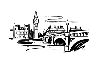 Cartoon sketch drawing of Westminster Palace, Big Ben tower London, England
