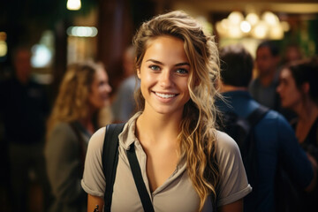 Obraz premium Portrait of beautiful smiling woman looking at camera. Female traveler in hotel