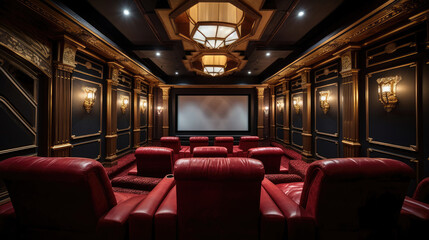 Opulent cinema velvet reclining seats gold accents coffered ceiling ambient lighting luxurious ambiance - obrazy, fototapety, plakaty