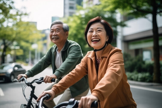 Mature Asian Couple Enjoys Casual Riding Bicycles  In City Park, Freshness, Joy, And Togetherness.