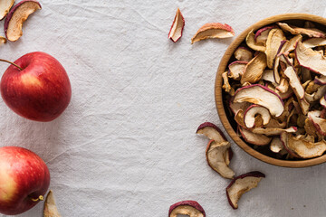 Dried apple slices, healthy vegan snack, copy space