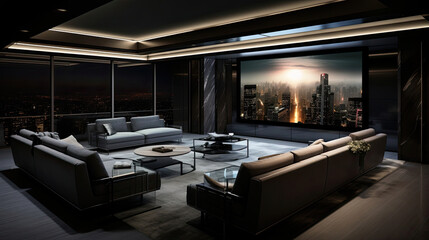 Fototapeta na wymiar Innovative home cinema leather seating acoustically treated walls. sound 120-inch 8K screen