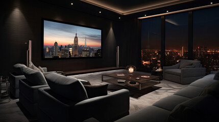 Contemporary penthouse cinema leather seating acoustically treated walls.  sound 120-inch 8K screen