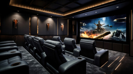 Sophisticated cinema motorized leather recliners coffered ceiling. 150-inch TV screen 8K resolution - obrazy, fototapety, plakaty