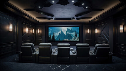 Ultra-modern theater motorized leather recliners coffered ceiling. 150-inch TV screen 8K resolution