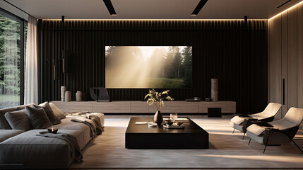 Sleek home cinema modular seating glossy walls 140-inch TV screen discreet sound