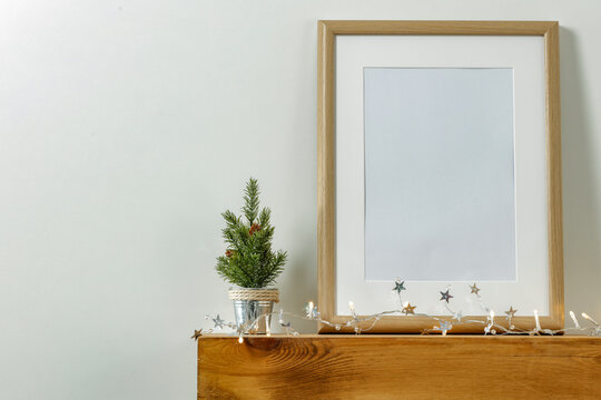 Christmas background and winter candles. December backdrop. Free space for your decoration. Mockup space and winter time. 