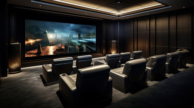 Minimalist cinema leather seating acoustically treated walls. sound 100-inch MicroLED display