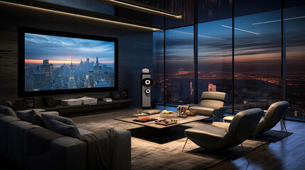 Penthouse cinema levitating seating dynamic TV panels 180-inch MicroLED screen object-based audio system
