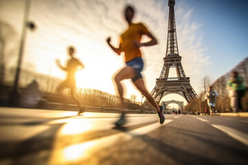 Motion blur of athletes as they run past the Eiffel Tower in Paris, France during a sports race - obrazy, fototapety, plakaty