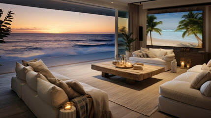 Coastal-themed beachfront villa cinema sand-colored linen seating shiplap walls 110-inch 4K TV screen