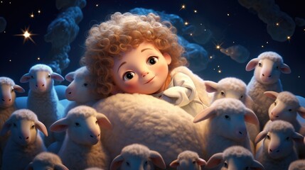 Baby Jesus sleeping surrounded by sheeps - obrazy, fototapety, plakaty