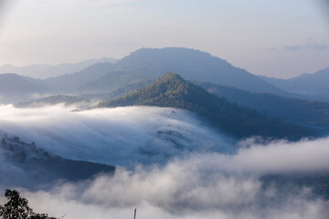 High-angle natural background from a vantage point, overlooking the sun's rays blurred in the morning in the middle of the sea, is a beautiful glowing golden light of nature that can't be seen much.