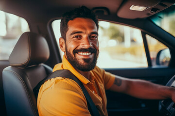 Portrait of an attractive latin man smiling before starting to work as a taxi driver of a car sharing service. - obrazy, fototapety, plakaty