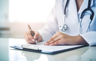 hands of female doctor filling up medical form at clipboard on blurred hospital background