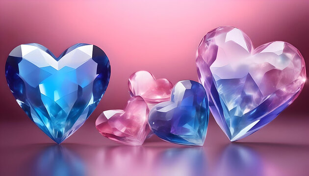 Pink blue crystal clear heart, diamond pink blue hearts