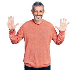 Middle age hispanic with grey hair wearing casual sweater showing and pointing up with fingers number nine while smiling confident and happy.