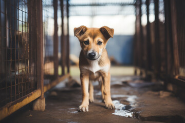 Stray homeless dog standing near animal cage. Sad hungry dog near old rusty grid of the cage in abandoned place. Dog adoption, rescue, help for pets - obrazy, fototapety, plakaty