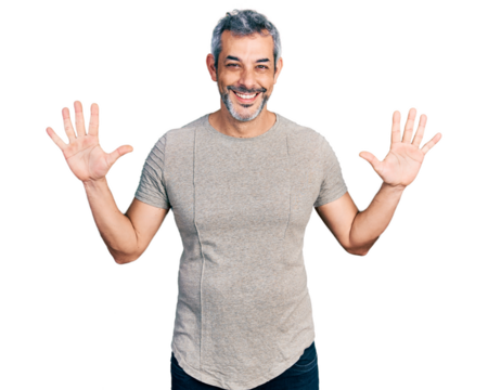 Middle age hispanic with grey hair wearing casual grey t shirt showing and pointing up with fingers number ten while smiling confident and happy.