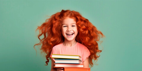 Young cute girl red hair. A young girl in holds an book in her hands on a color background. Banner dot, place for text.