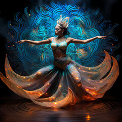 a spectral ballet featuring cosmic influences, tribal motifs, abstract lotus elements, and a whirlwind