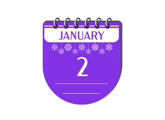 2 january new year holiday memo notebook calendar page with date, snowflake. 3d one day purple winter holiday calendar date appointment, event reminder illustration. 
