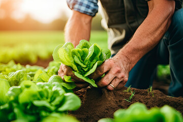 Close up of farmers holding and picking green lettuce leaves with roots in the farm - obrazy, fototapety, plakaty