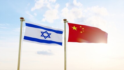 Israel and China flags waving together on blue sky. 4K ULTRA HD. 