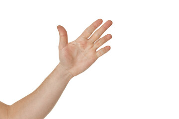 male hand with open palm on white background