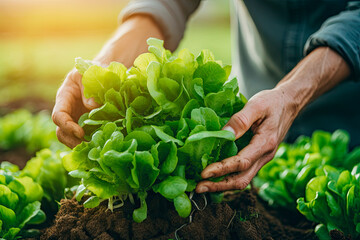 Close up of farmers holding and picking green lettuce leaves with roots in the farm