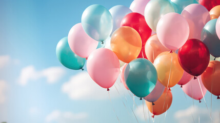 Colorful Balloons Floating in the Blue Sky - A Whimsical Display of Joy and Celebration.