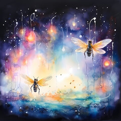 a spectral mirage featuring abstract fireflies with watercolor-inspired strokes influenced by quantum mechanics
