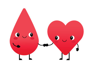 Cute characters - blood drop and heart holding hands together, blood donation concept. Isolated vector illustration
