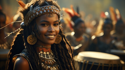 South African Zulu Drummer in Traditional Regalia. Concept of Rhythmic Resonance, Cultural Pride, and Vibrant Musical Heritage