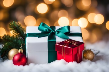 Naklejka na ściany i meble Beautiful Christmas gift boxes on floor near fir tree in room