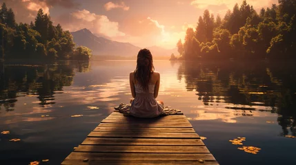 Fototapeten A woman sits on a wooden jetty, her feet in the water. She looks out over the lake, her face serene. The scene is a picture of peace and tranquility. ai generated. © 1st footage