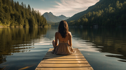 A woman sits on a wooden jetty, her feet in the water. She looks out over the lake, her face serene. The scene is a picture of peace and tranquility. ai generated. - Powered by Adobe