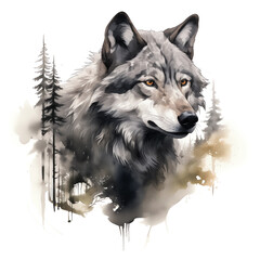 artistic wolf watercolor painting with forest background