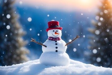 Fototapeta premium Snowman with a carrot nose, hat, scarf, coal buttons and stick arms standing outside on a winters day. Concept of winter, snow and childhood. Shallow field of view.