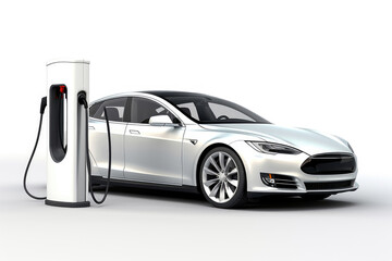 Electric vehicle charging station on white background