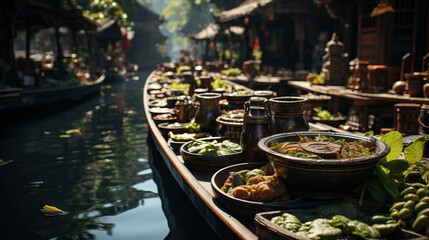 Obraz premium Thai Floating Market Boat Vendor. Concept of Traditional Commerce, Riverside Culture, and Culinary Delights