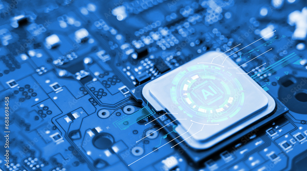 Poster concept of technology ai (artificial intelligence), ai chip ic on board, pcb board, cpu.